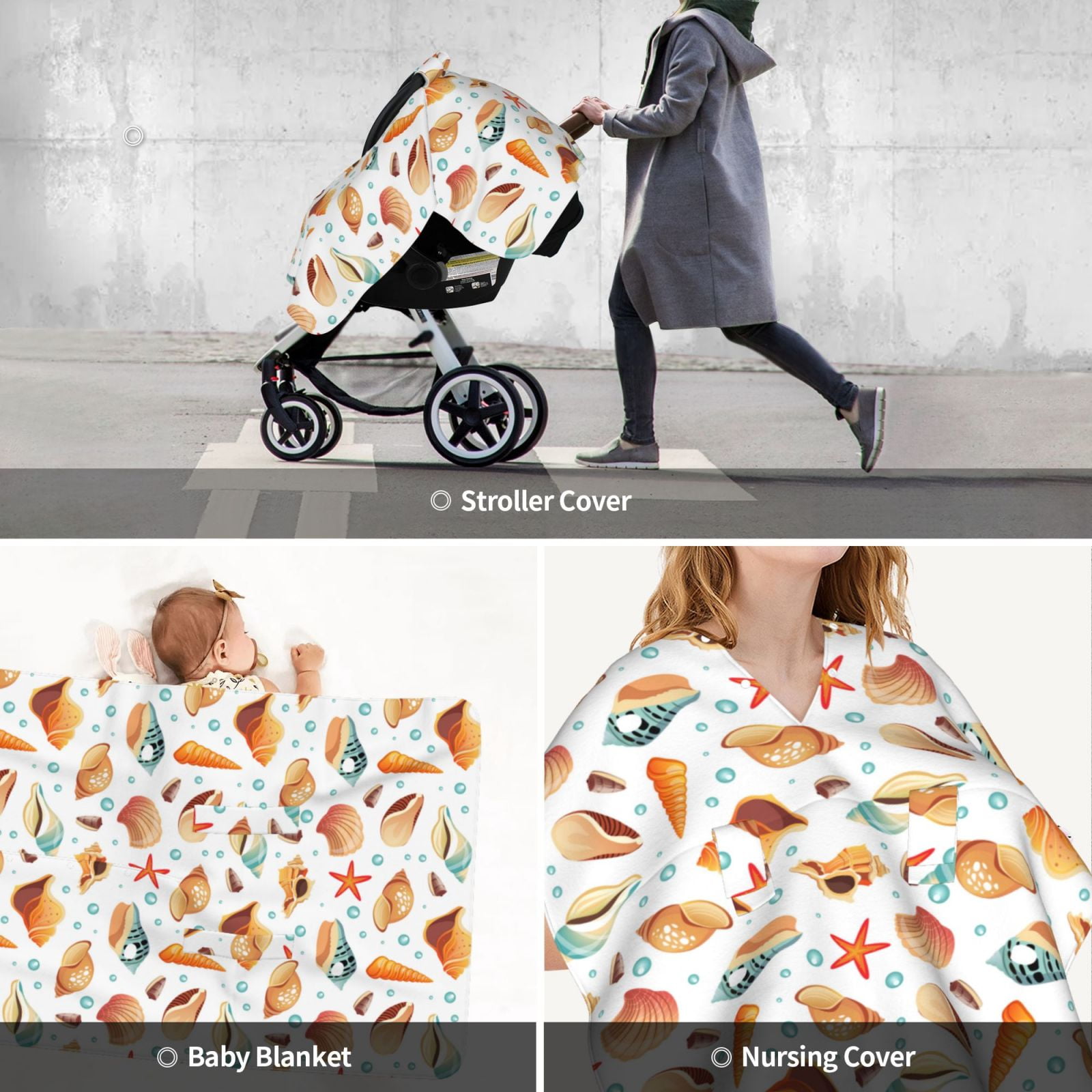 Car Seat Cover Baby - Conch Shells Print No.9033 Breathable Infant Car Seat Cover for Baby Carseat, Lightweight Comfort Baby Essentials Must Haves Newborn Stuff for Girl Boy