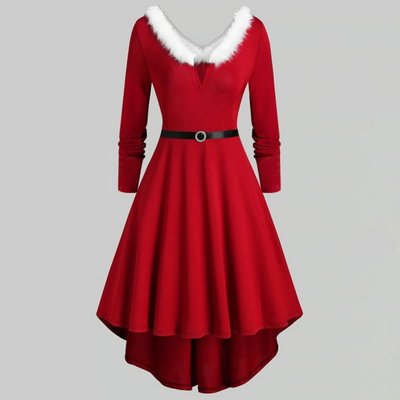Aboser Mrs Claus Santa Costume Dresses for Women 2024 Winter A-Line Dress Xmas Furry Trim Midi Dresses Christmas Dress Santa Clause Outfit