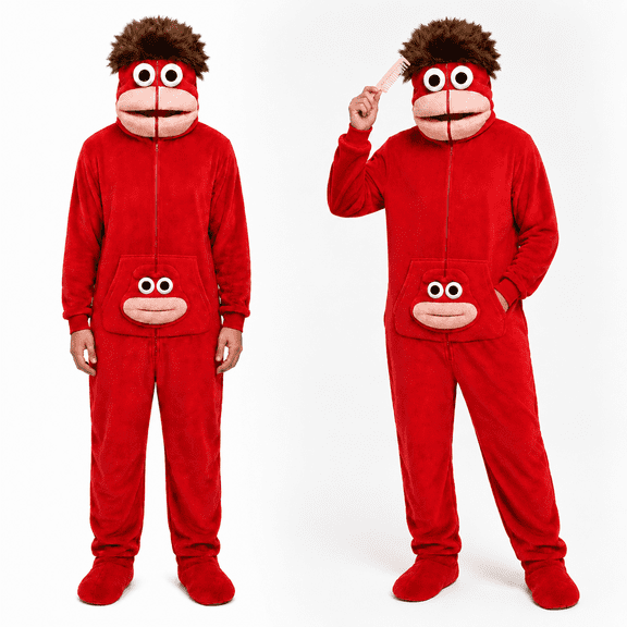Big Mouth Cute Cartoon Full‑Zip One‑Piece Jumpsuit, Plush Home Loungewear Pajamas with Hand Comb for Party Costume (Red S)