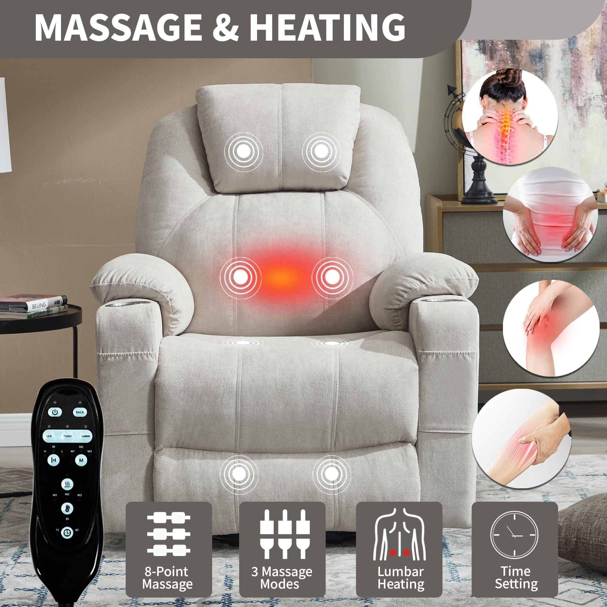 Power Lift Recliner Chair, Electric Lift Recliner for Elderly Reclining Chair with Vibration Massage and Lumbar Heating, Single Sofa with Charging Ports Cup Holders