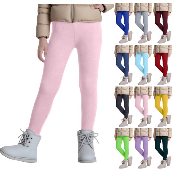 WAVSUF Fleece Leggings for Girls Skinny Fit Straight Fit Elastic Waist Fall Warm Soft Pants Pink 10-12