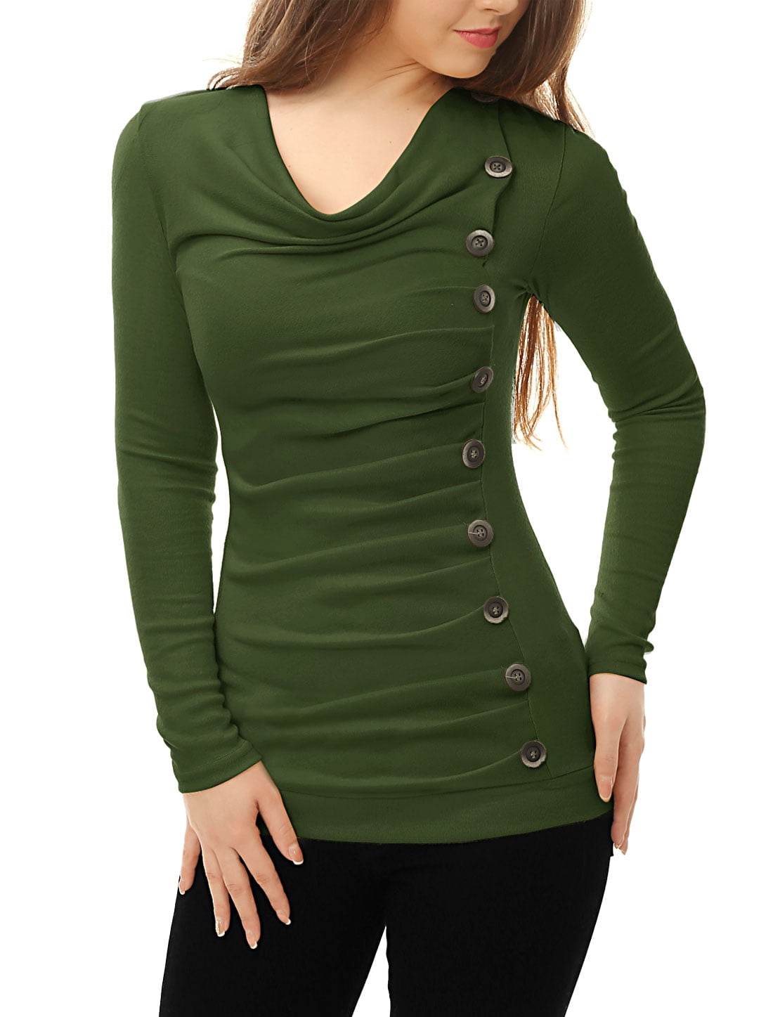 DARING DIVA Women's Cowl Neck Side Ruched Tunic Top XS Green