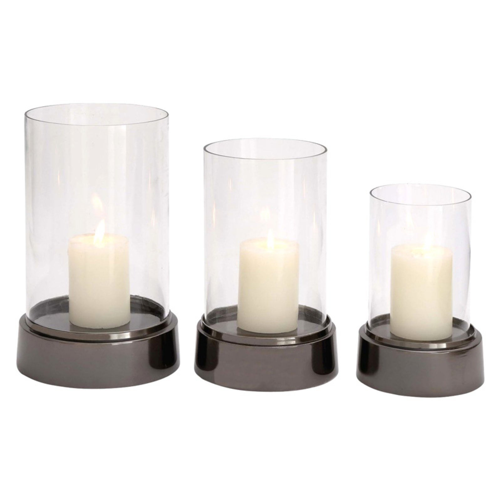 DecMode Glass Hurricane Candle Holder with Aluminum Base - Set of 3 ...