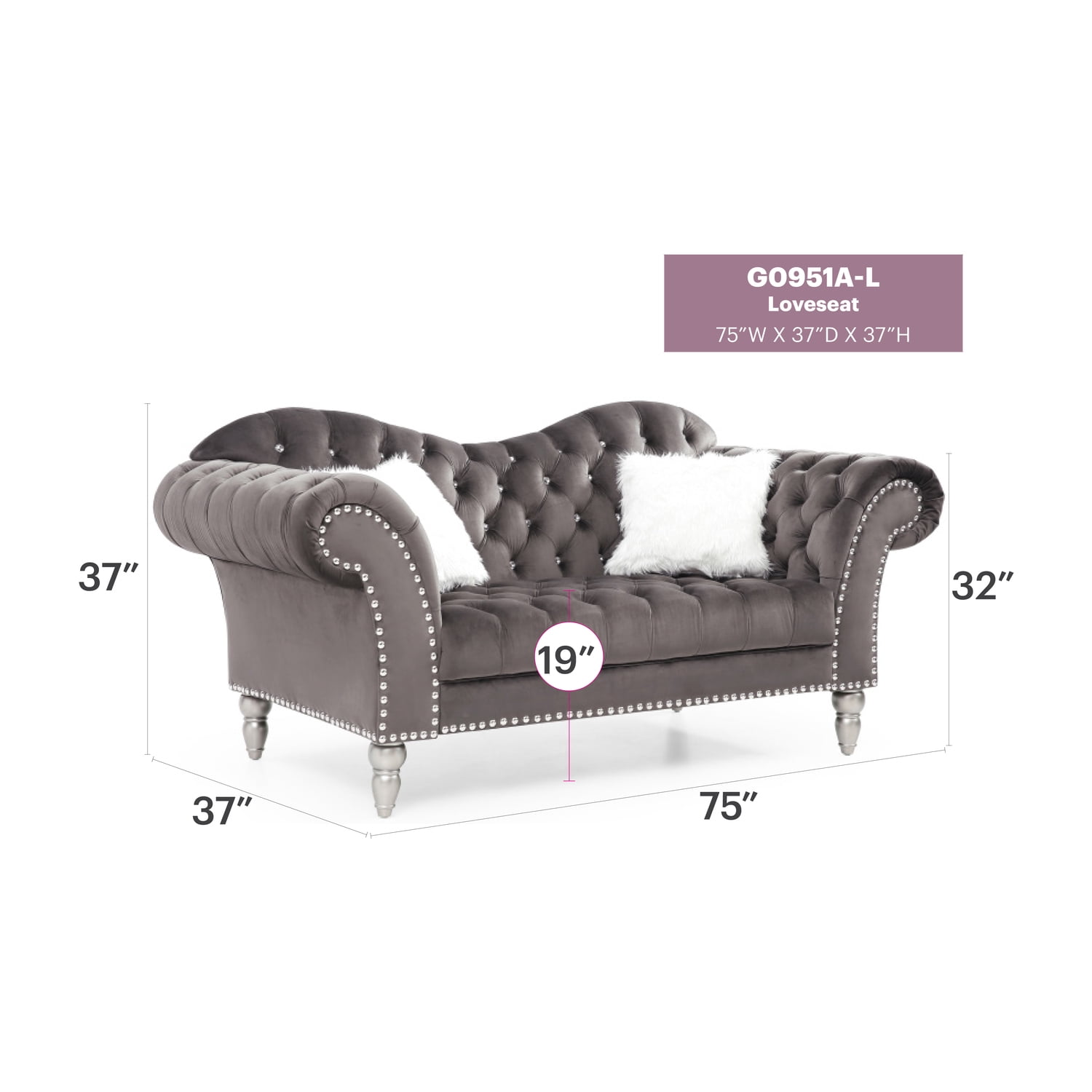 Glory Furniture Wilshire G0951A-L Loveseat   DARK GRAYVelvet