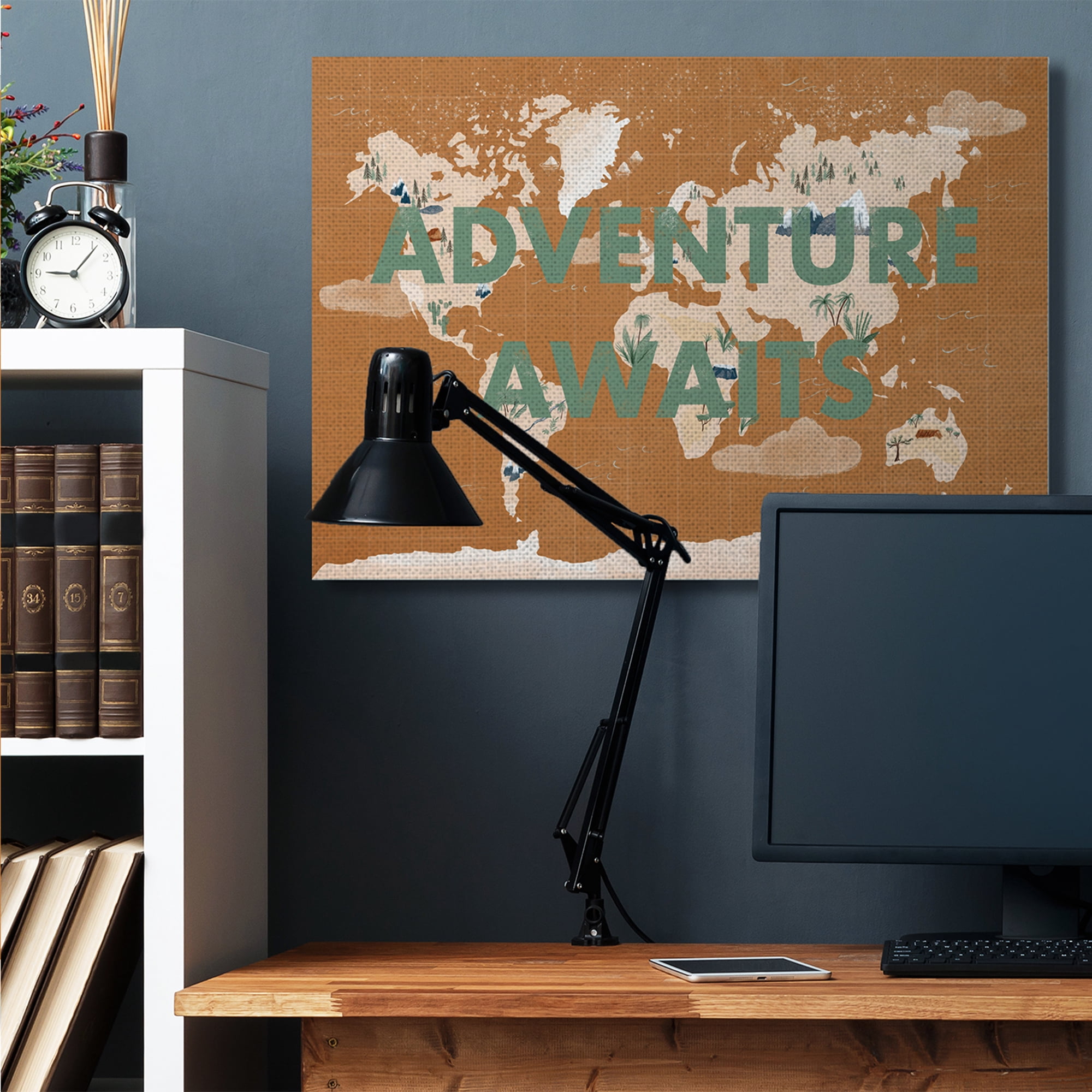 Stupell Industries Tropical World Map Adventure Awaits Sentiments Canvas Wall Art by Becky Thorns