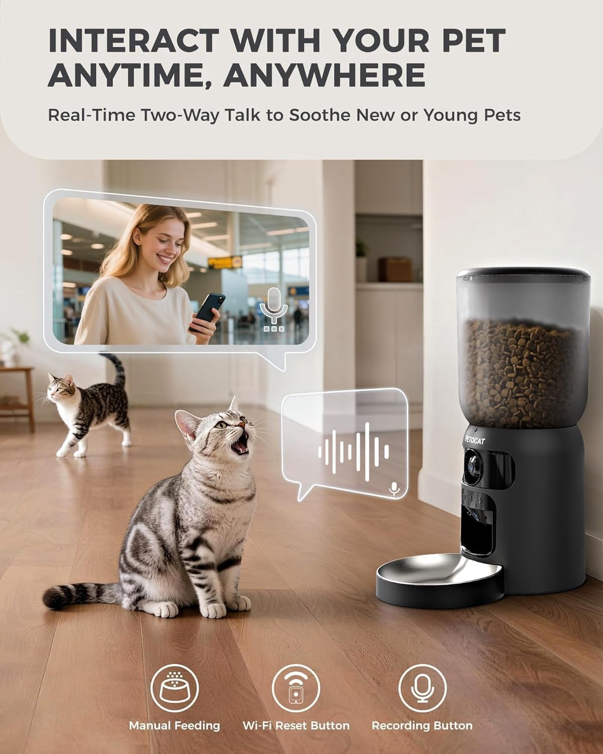 5L Automatic Cat Feeder with Dual 2K HD Camera, WiFi Food Dispenser for Cats & Small Dogs, Laser Toy & Diet Tracking