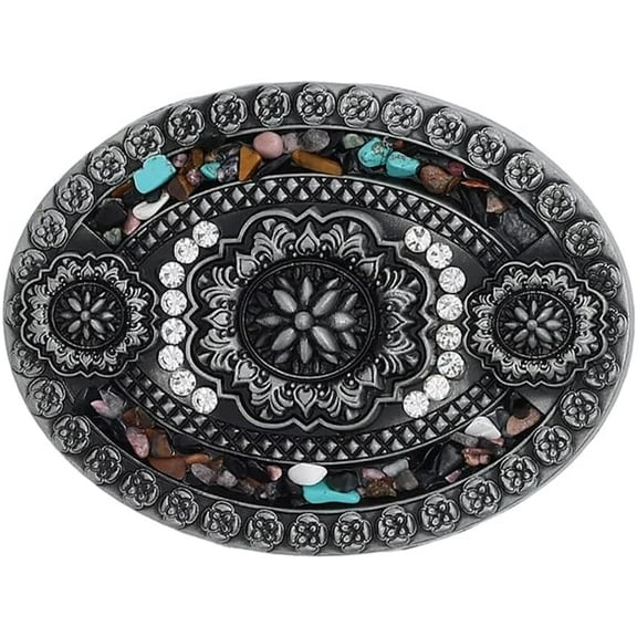 1Pc Belt Buckles 99.5x74.5x15mm Silver Alloy Oval Floral Engraved Design with Colorful Stone Boho Style Fashion Buckles for Women Dress Skirt Clothing Decoration