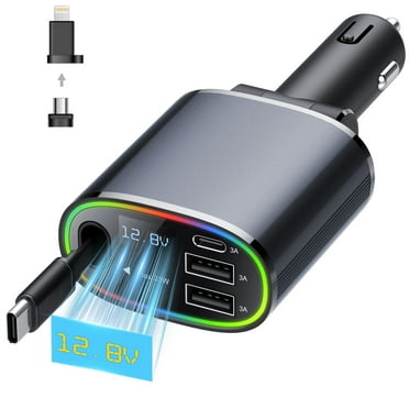 4 In 1 Retractable Car Charger, 78w Car Charger USB C, Fast Car Phone Charger with Cord 2.6ft, Car Chargers Compatible with Android and iPhone,Car Accessories for Women Men, Perfect Gifts