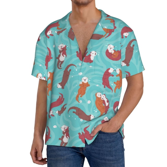 Fotbe Sea Otters Family In Blue Water Camisa Estampada de Manga Corta para Hombre, Casual de Verano, Estilo Playero, Sin Arrugas-XX-Large