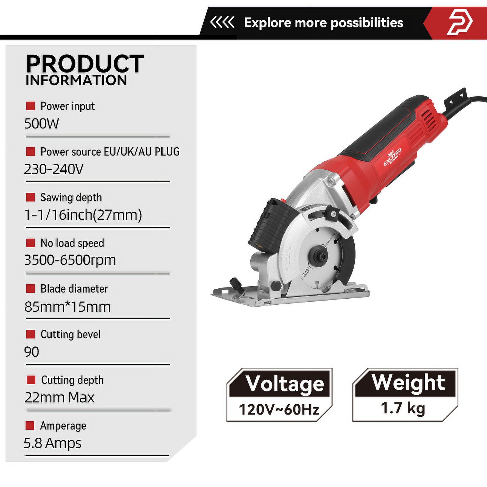 EXCITED WORK, 4.5Amps 3-3/8 in Electric Circular Laser Guided Power Saw, 6500 RPM