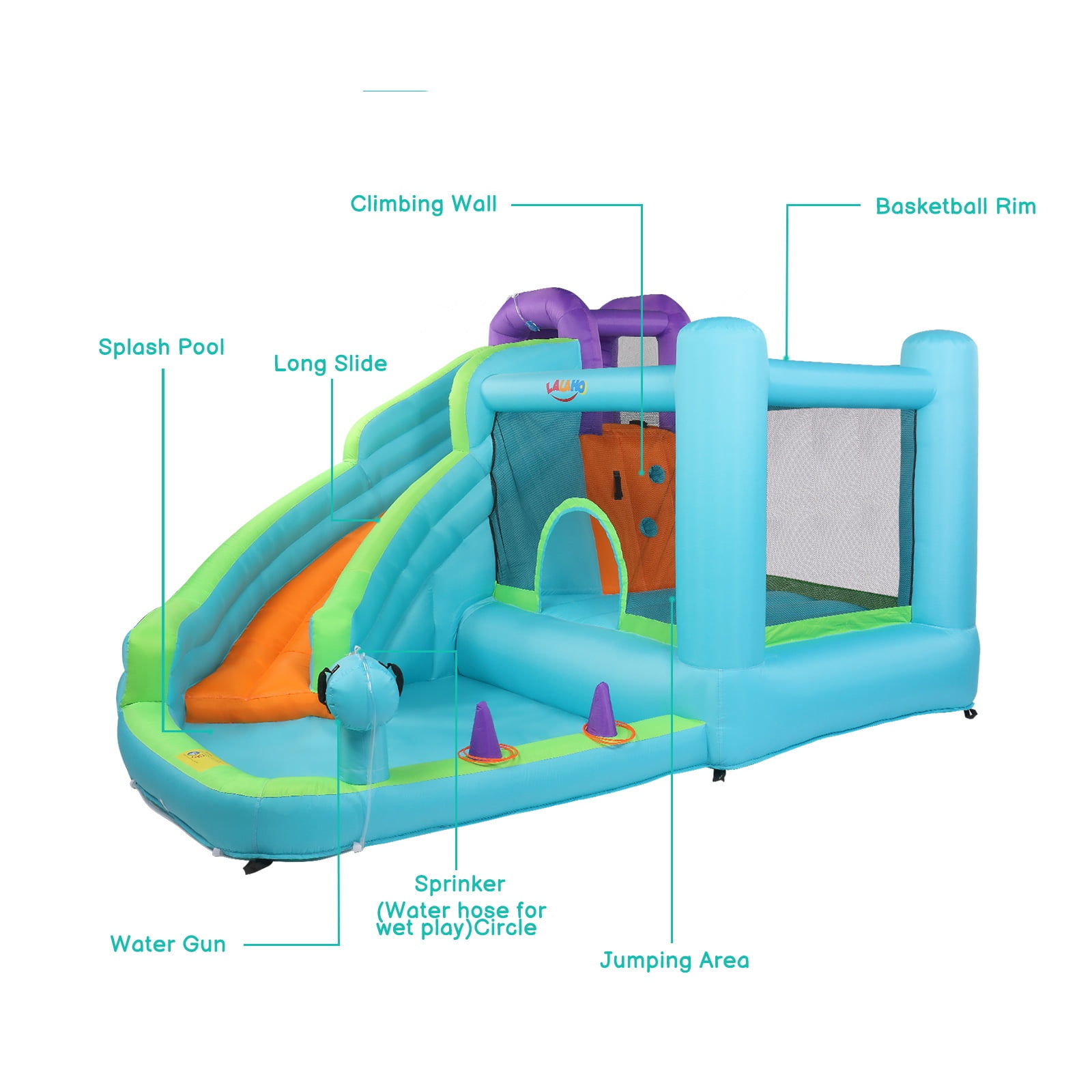 GoDecor Bounce House, Inflatable Water Slide Bounce Castle with Blower for Kids, Outdoor/Indoor Bouncy House Water Park for Backyard with Splash Slide, Climbing Wall, Ball Pit, Jumping Area