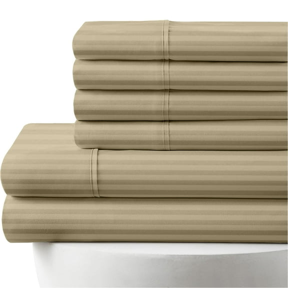 6-PC Striped Sheet Set - 1000 Thread Count, 100% Egyptian Cotton, 1000-TC, 18" Deep Pockets - King Size, Taupe Stripe Color