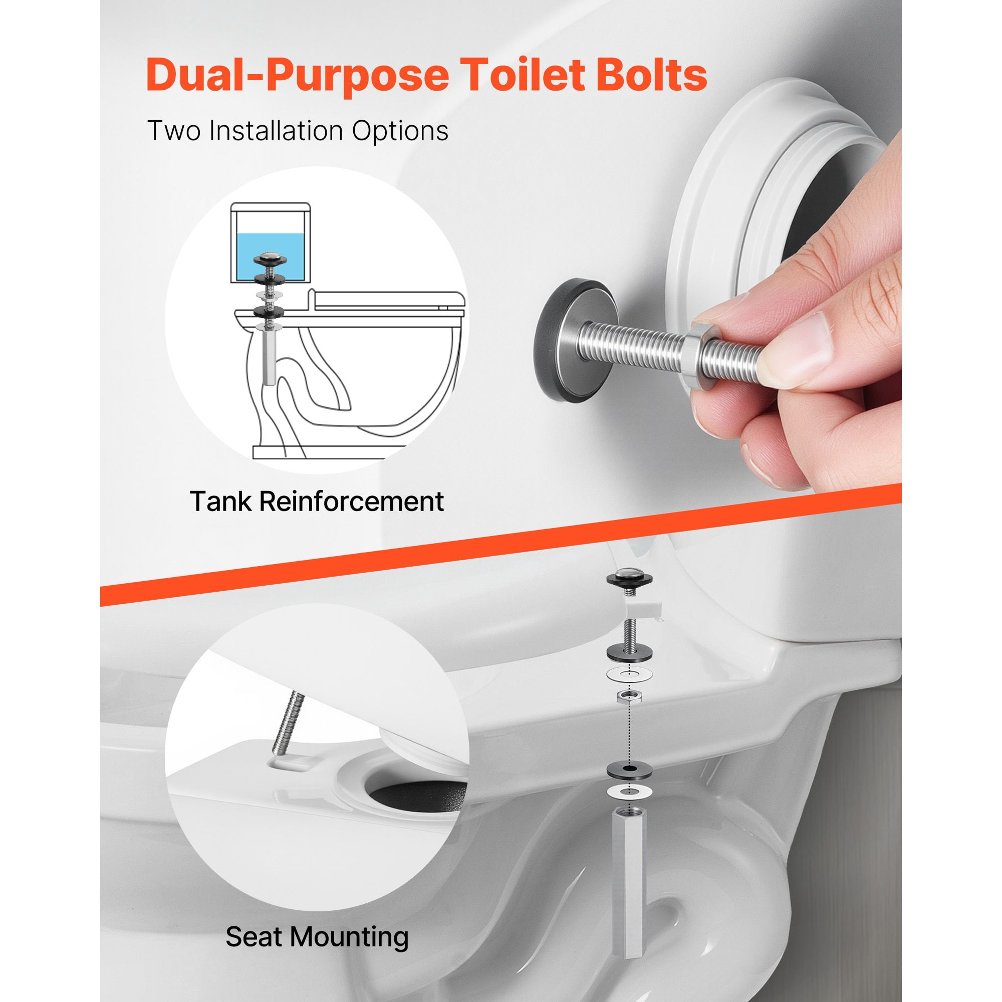 2-in-1 Universal Toilet Bolts Set for Seat & Tank, Quick Replacement Heavy Duty Mounting Hardware, Universal Fit Toilet Bolt Kit for Bathroom Repair