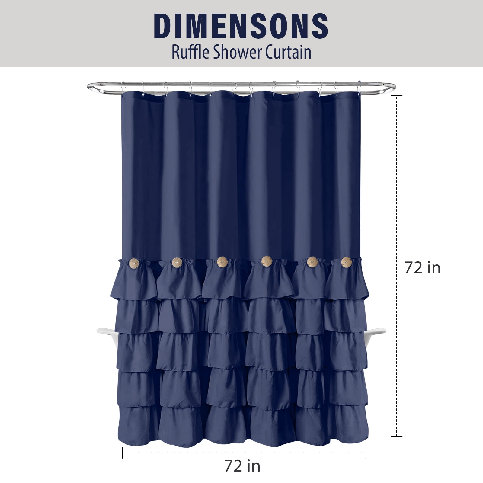Seasonwood Blue Farmhouse Shower Curtains,Fabric Cute Ruffle Shower Curtain with Buttons & Ruffles for Bathroom Decor,12pcs Hooks,72"x72"