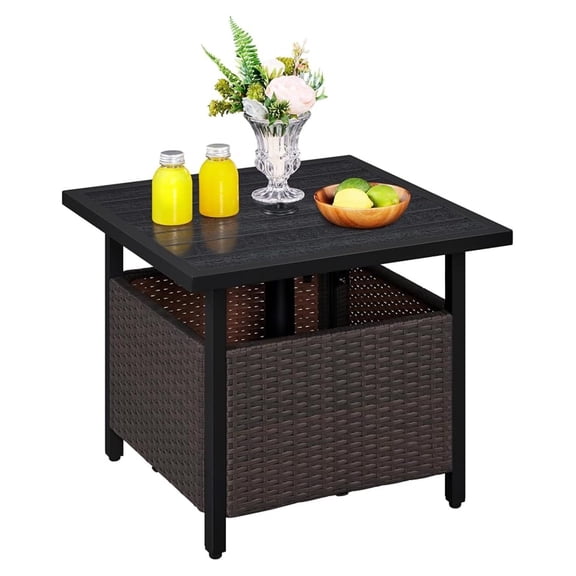 Alpinel Outdoor Patio Side Table with 1.5" Umbrella Hole, PE Rattan Umbrella Stand, All Weather Wicker Bistro Coffee Table for Garden, Poolside, Deck, Black