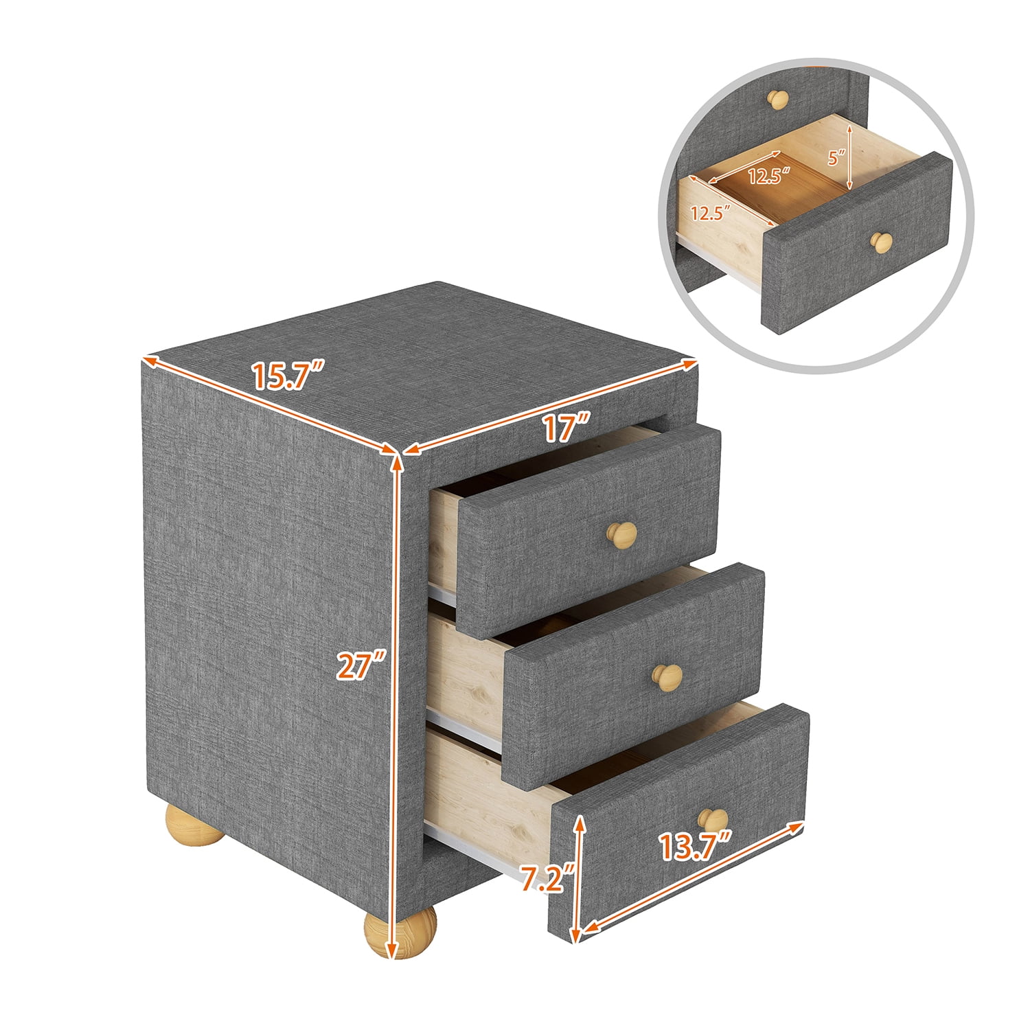 Resenkos Modern 3 Drawers Upholstered Nightstand with Natural Wood Knobs in Dark Gray Resenkos Modern 3 Drawers Upholstered Nightstand with Natural Wood Knobs in Dark Gray