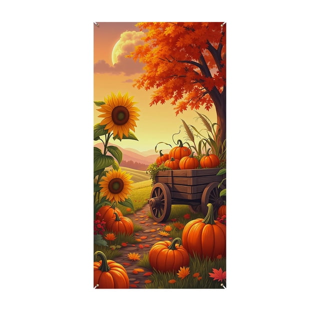 Thanksgiving Door Cover, Fall Door Decoration with Pumpkin Sunflower Print, Polyester Door Curtain for Standard Door Frame, Holiday Entryway Decor, Easy Hanging Backdrop Cloth
