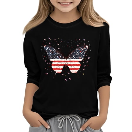 VNKIDY Boys Girls Kids American Flag Butterfly Print T-Shirts Three Quarter Sleeve Crewneck Tees For Independence Day Festival Daily Wear Black 3-4 Years