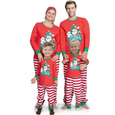 

Seyurigaoka Christmas Parent-child Pajamas Long Sleeves + Trousers Horizontal Stripes Printing Cute Cartoon Festive Clothing 1Set