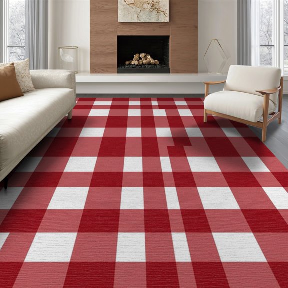ODIKA 8'x10' Washable Area Rug Non-Shedding, Easy Care, Farmhouse Gingham Grid Striped Christma Plaid Checkered Checked Playful for King Size Bedroom Under Bed, Master Suite