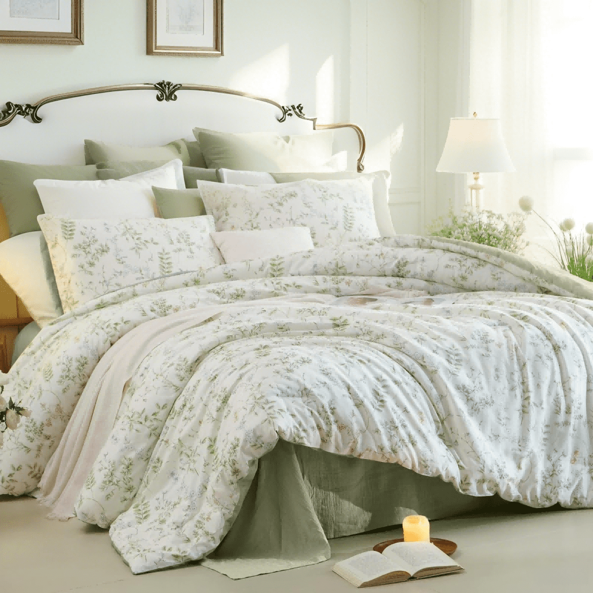 JOLUSERE Green Floral White Comforter Queen Sets, 3 Pieces Chic Garden Style Botanical Purple Floral Reversible Comforter for All Season