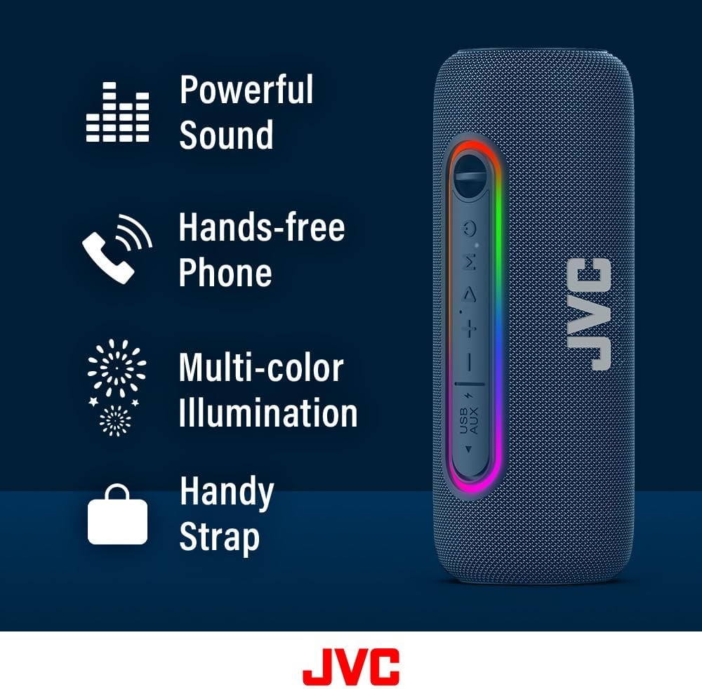 JVC Illuminated Portable Wireless Speaker with 20W max outputs, Dynamic Sound, Bluetooth 5.0, TWS Capability, USB-C, IPX5, AUX in, up to 5-Hour Battery Life - SPPA5BTA (Blue)