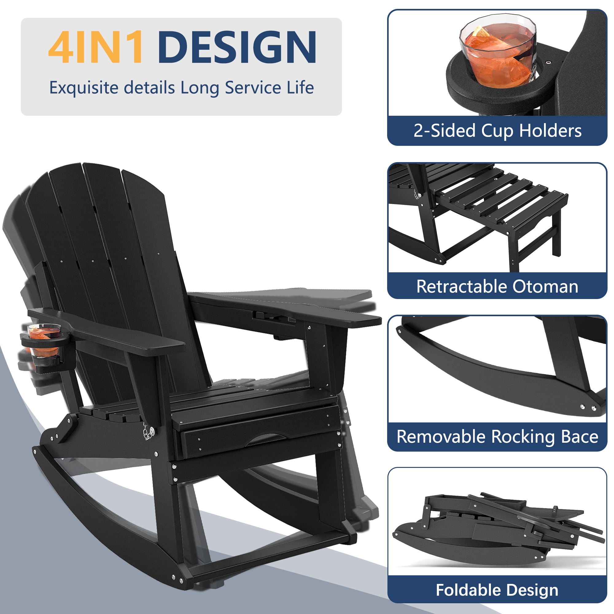 FOOWIN HDPE Plastic Rocking Adirondack Chair, Folding Rocking Chairs for Patio Porch Rocker Chair, Black