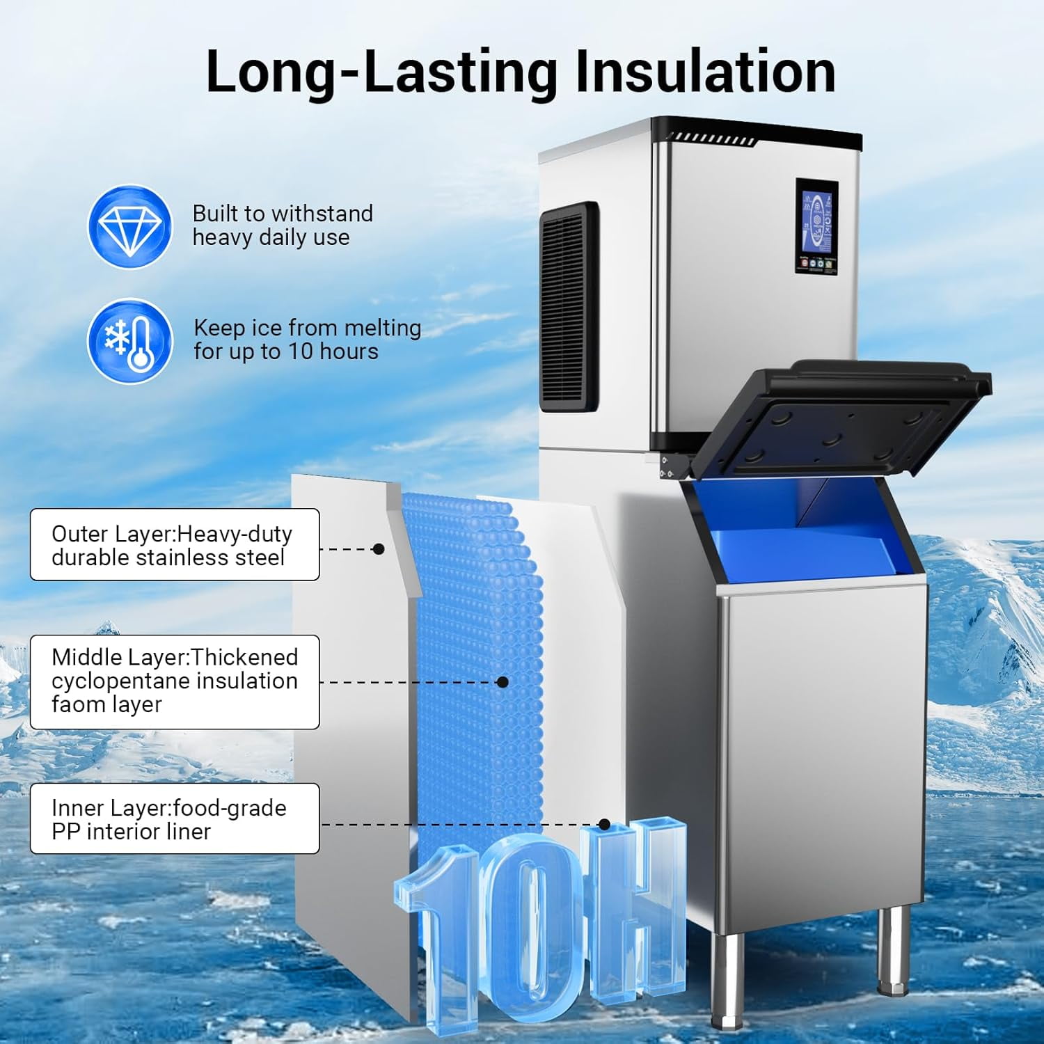 XUTUMM Commercial Ice Machine 700LBS/24H,Storage 500LBS,Large Industrial Ice Maker,Ice Ready in 5-15min,with Self-Cleaning Mode,with Timing Function,30 Levels of Ice Thickness Adjustment