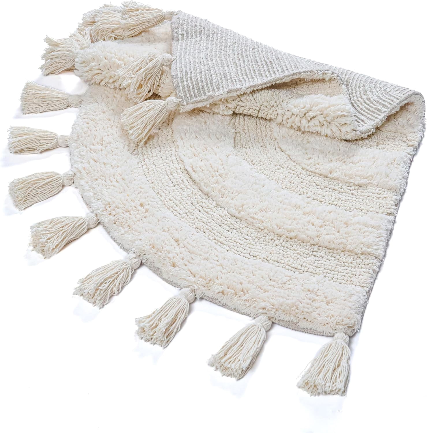 Cotton Half Circle Boho Bathroom Rug with Antiskid 22"x36" Ivory – 100% Cotton Scalloped Bath Mat, Anti‑Skid, Soft & Absorbent Bathroom Rug for Shower, Tub & Entryway