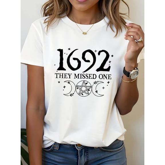“They Missed One” Salem Witch Trials Moon Pentagram Print Short Sleeve Crew Neck T-Shirt, Breathable Casual Women’s Halloween Fashion Top