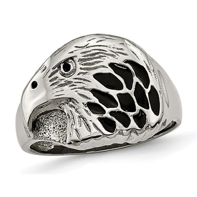 Mens Textured Black Enamel Eagle Ring in Stainless Steel