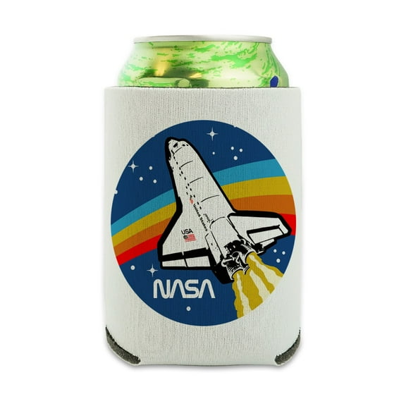 NASA Logo Over Space Shuttle with Rainbow Can Cooler - Drink Sleeve Hugger Collapsible Insulator - Beverage Insulated Holder