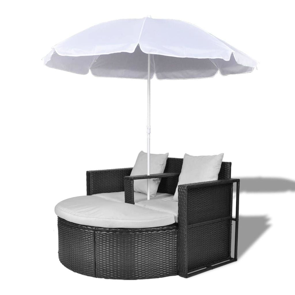 Kepooman Outdoor Patio 2-Person Rattan Sun Lounger with Cushion & Parasol, Black Kepooman Outdoor Patio 2-Person Rattan Sun Lounger with Cushion & Parasol, Black