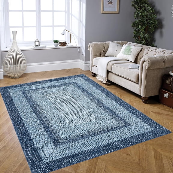 5x7 Area Rugs Washable Rugs for Living Room, Boho Vintage Rug Non Slip Low Pile Stain Resistance Indoor Soft Large Carpet for Bedroom Dining Room Office (Blue)