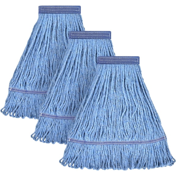 Matthew Cleaning Heavy Duty Mop Head Commercial Replacement for General and Floor Cleaning , Wet Industrial Blue Cotton Looped End String Head Refill (Pack of 3) Blue