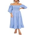 thumbnail image 3 of Robe Bohème Fluide pour Femmes à Manches Bouffantes, Épaules Dénudées, à Carreaux, à Volants, Robe Midi, Robes d'Invitée de Mariage, 3 of 6