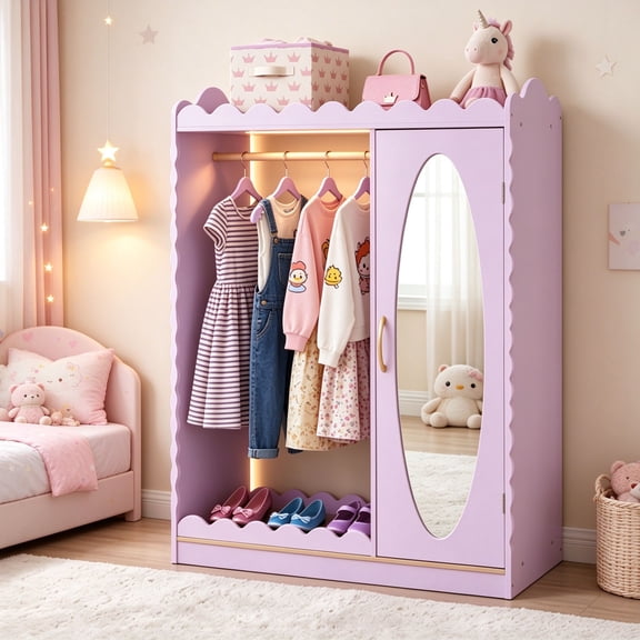 EDOEMSE Pink Kids Dress Up Closet with Full-Length Acrylic Mirror, Engineered Wood Garment Rack & Cabinet, 31.5" L x 14" W x 42" H