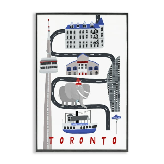 Stupell Industries Toronto Whimsical Travel City Cityscapes Painting Black Framed Art Print Wall Art, 12 x 18