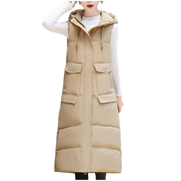 Chaqueta larga de invierno sin mangas con bolsillos para mujer, de algodón y plumón