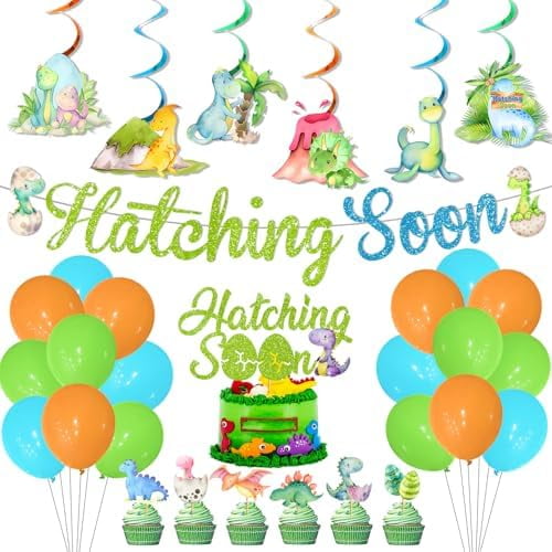 Dinosaur Baby Shower Decorations Hatching Soon Baby Shower Decorations with Hatching Soon Banner Hanging Swirls Cake Topper Cupcake Toppers Balloons