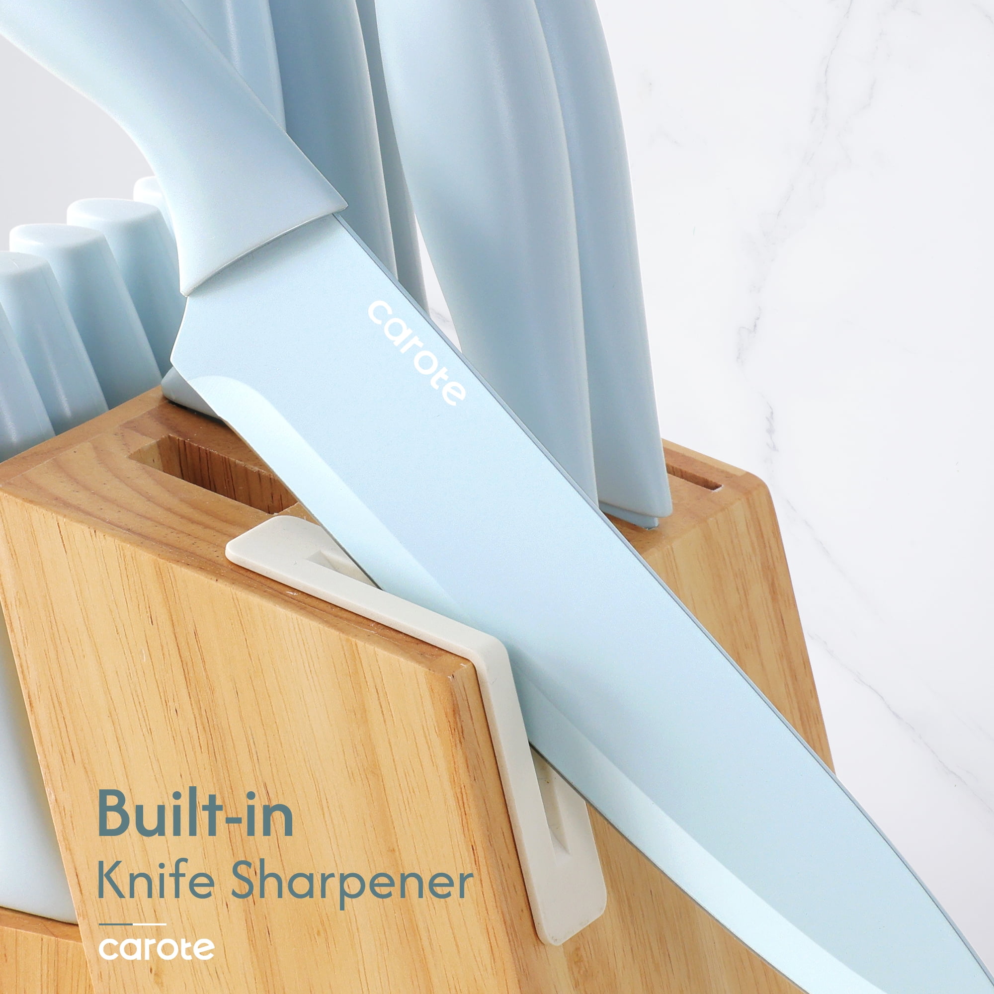 Carote 15-Piece Premium Kitchen Knife Set, Blue Ceramic-Coated Blades with Stylish Wooden Block