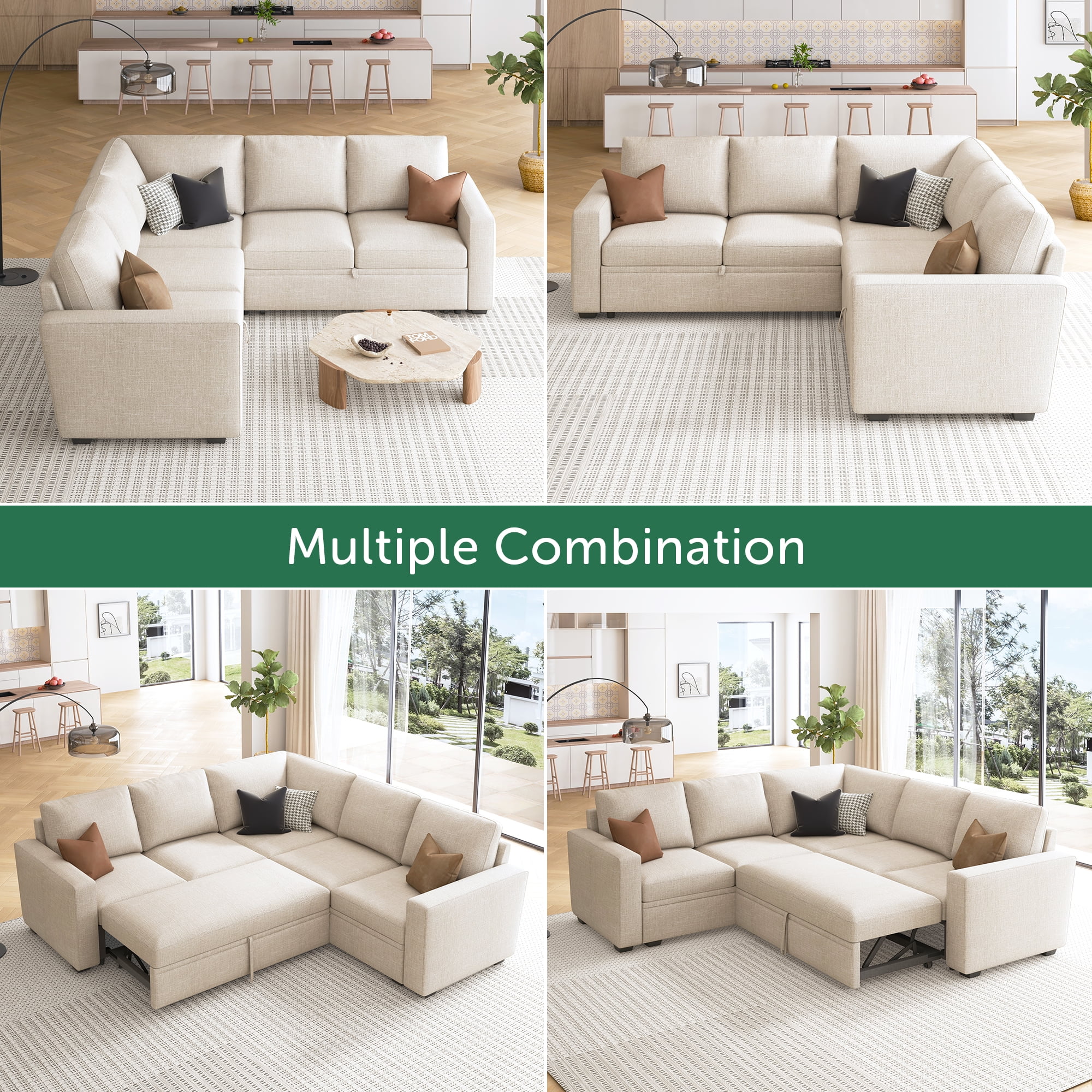 Marrber Modern L-Shaped Pull-Out Sectional Sleeper Sofa Bed with Storage for Living Room, Beige