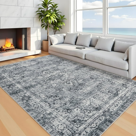 FairOnly Grey 8'x10'Vintage Non Slip Washable Area Rugs for Living Room Low Pile Foral Printed Rugs for Bedroom Soft Distressed Stain Resistant Indoor Area Rug