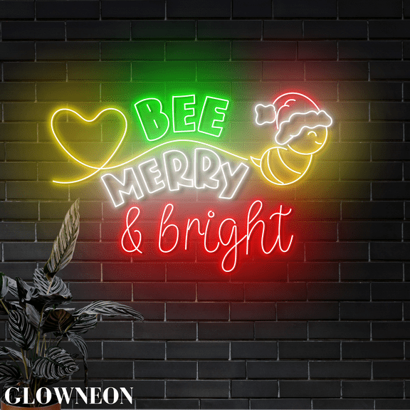 Glowneon Bee Merry & Bright Led Sign, Honey Bee Store Christmas Decor