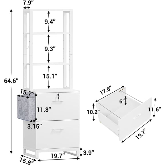 2 Drawer File Cabinet with Lock, White Rolling Filing Cabinet for Home Office Storage