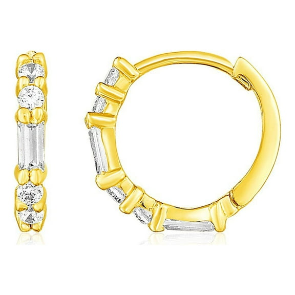 14k Yellow Gold Petite Hoop Earrings with Baguette Cubic Zirconias