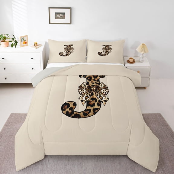 Erosebridal Vintage Leopard Print Bow Tie Full Size Comforter Sets 3 Pieces For Girls Boys,Adults Personalized Initial J Bedding Sets,Grey Reversible