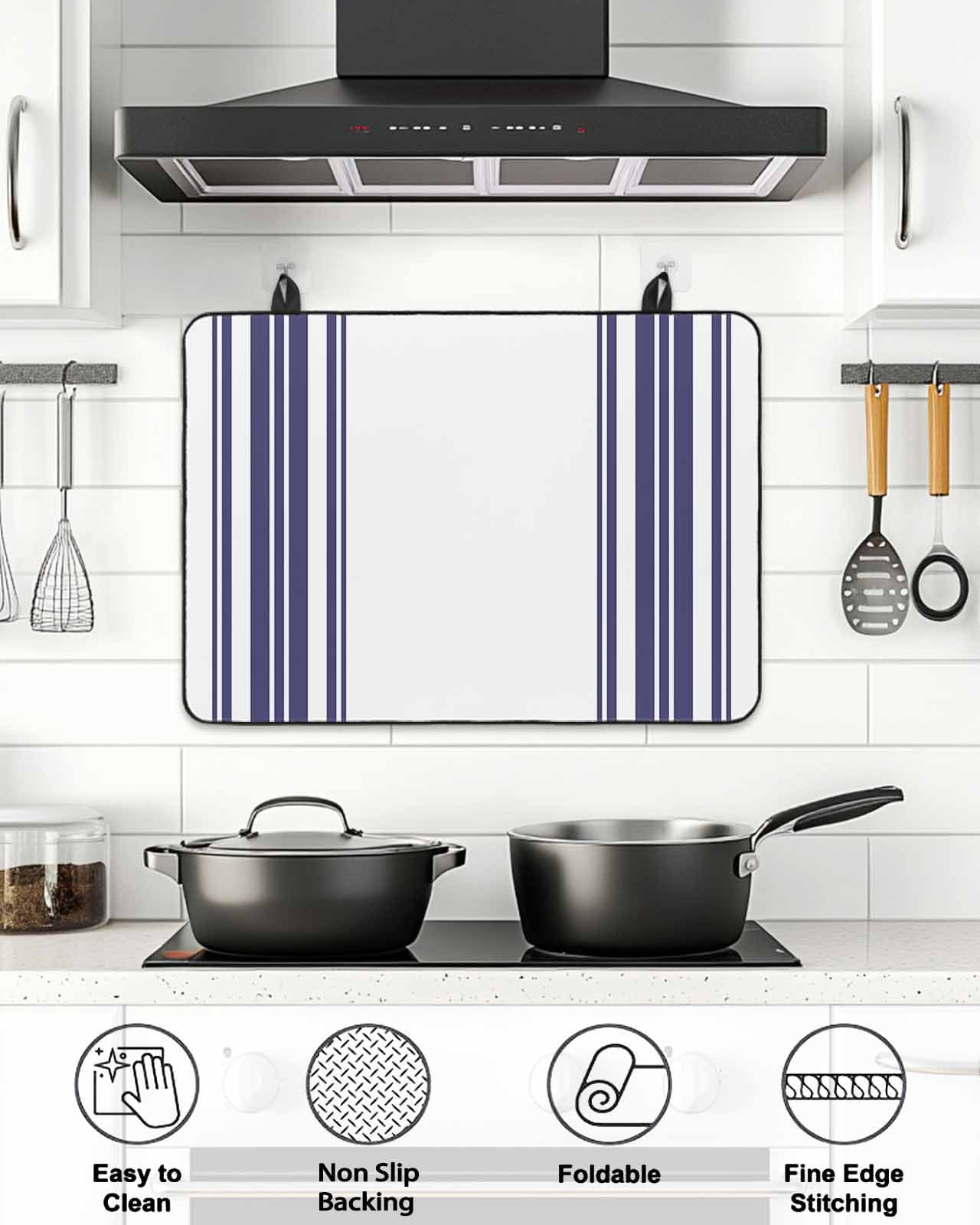 Stove Top Covers for Electric Stove, Navy Blue Striped Glass Stovetop Cover Protector, Modern White Striped Abstract Art Aesthetics Induction Cooktop Protector Oven Mat for Kitchen Countertop 24"x21"