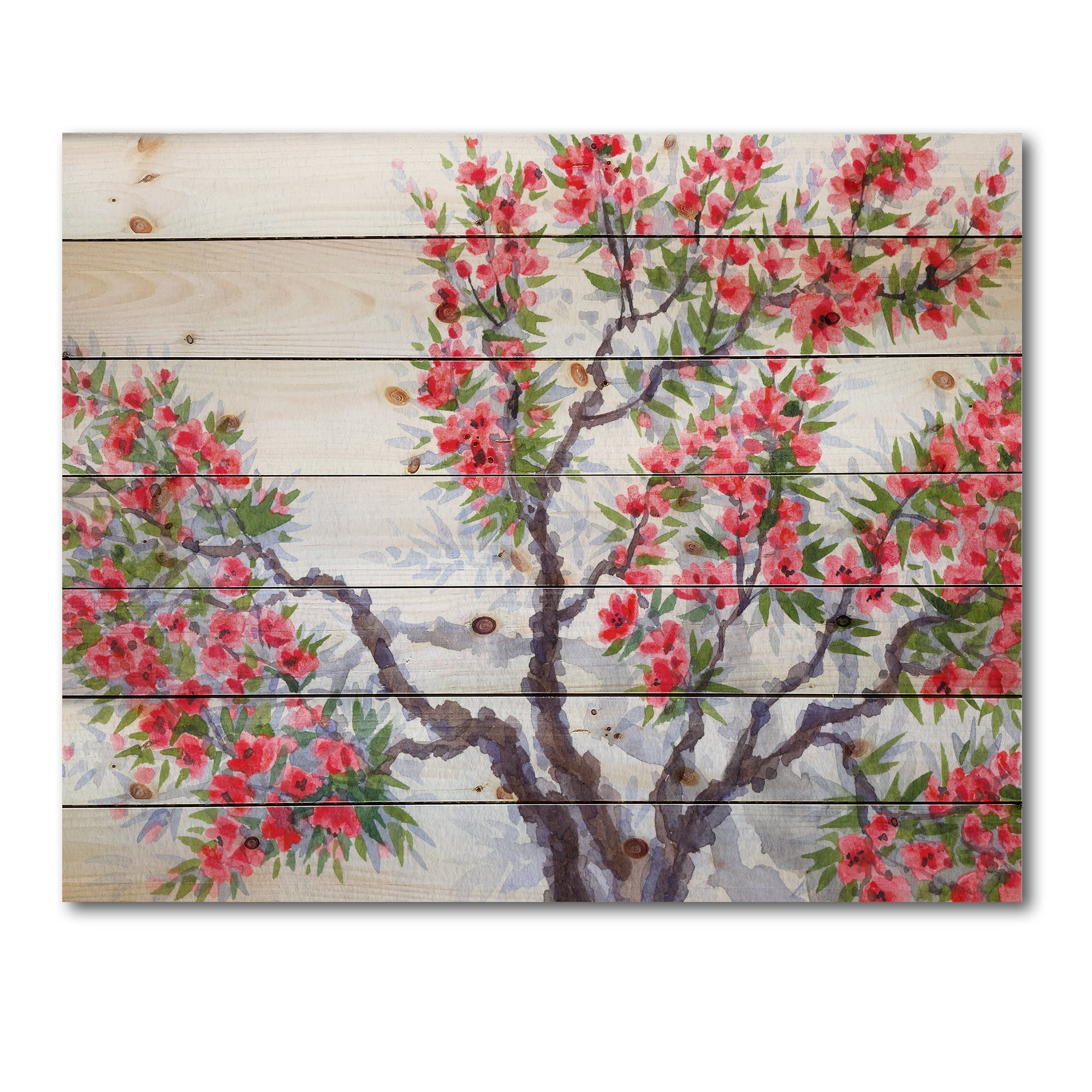 Designart 'Abstract Red Flowers of Spring Tree' Traditional Print on Natural Pine Wood
