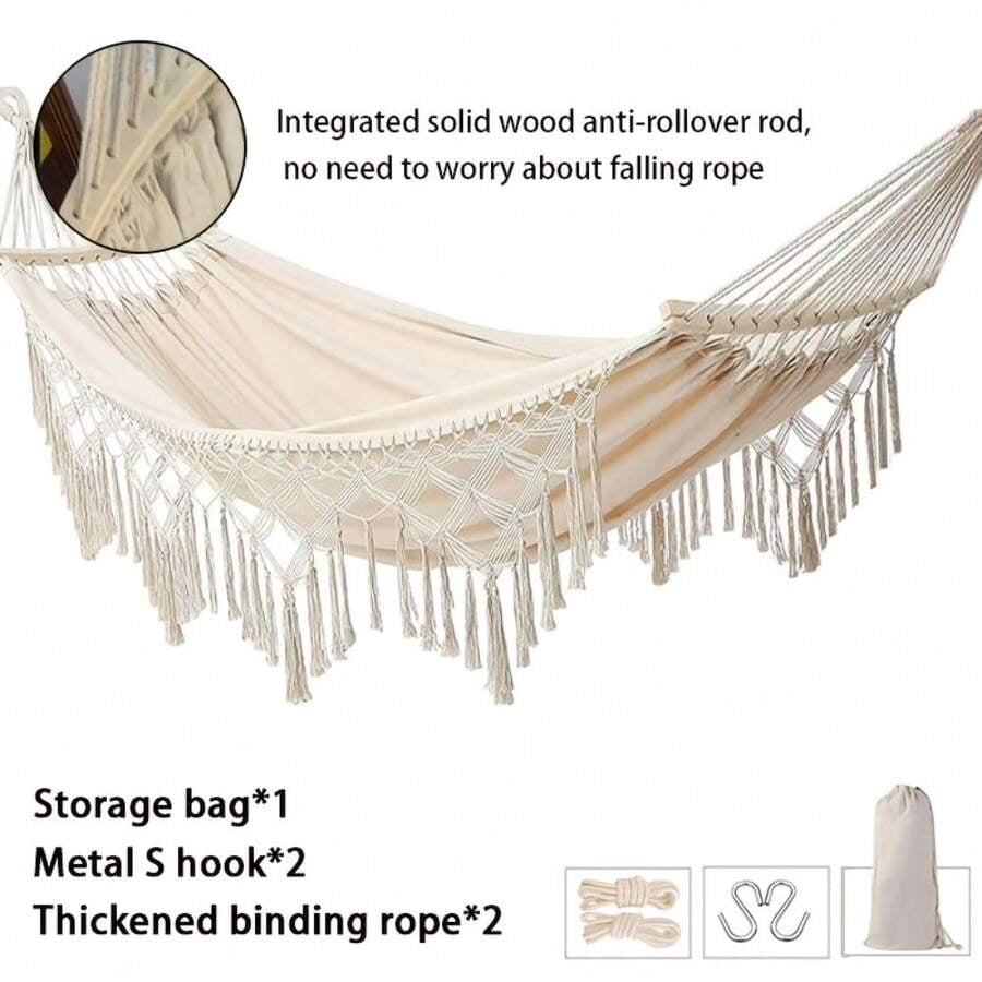 Portable Swing Hammock Made Of Hand- Rope. Thickened And Widened Double Canvas Hammock With Anti-Slip Design, White Bohemian Tassels. Ideal For Outdoor Patios And Camping